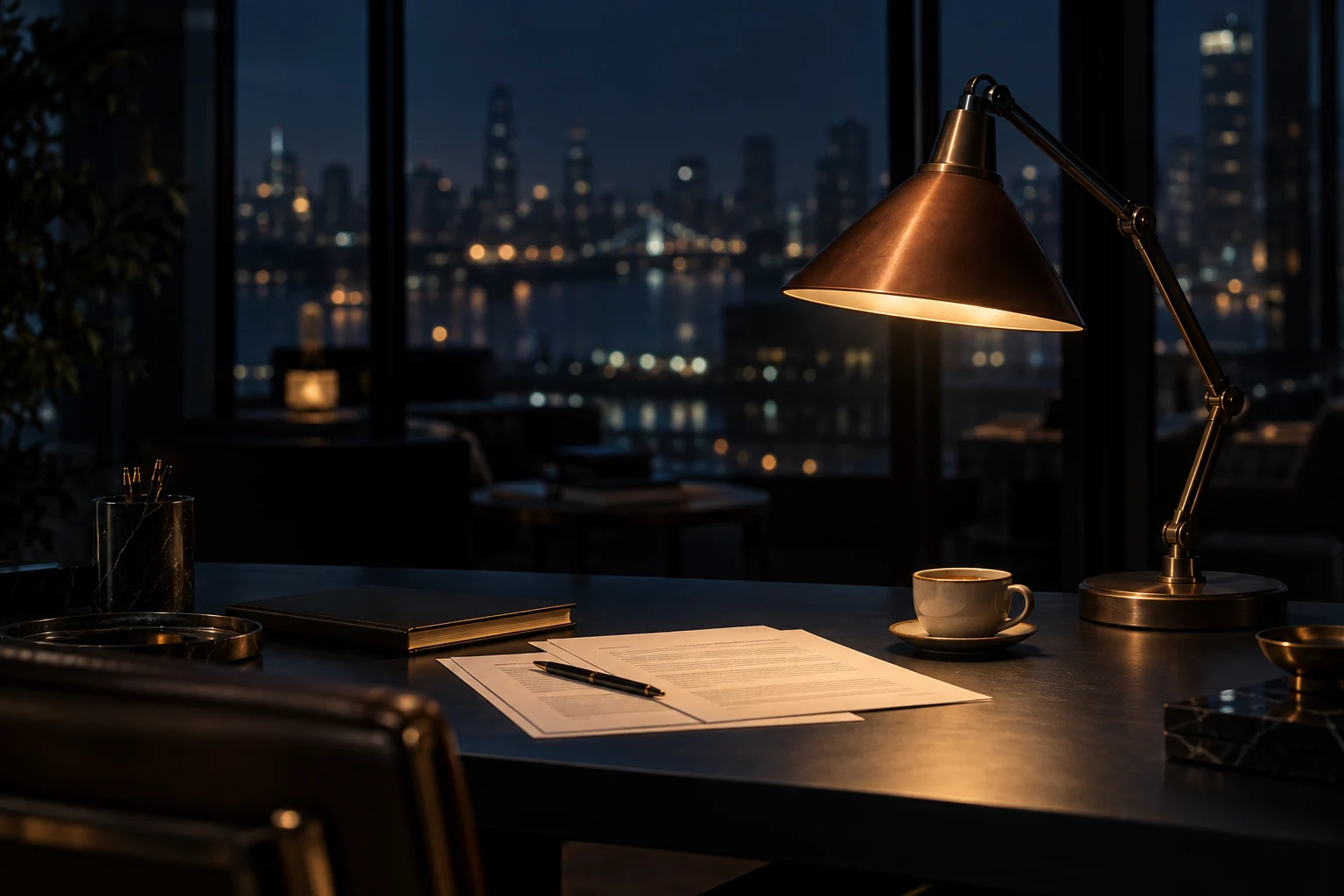 A copper desk lamp illuminating papers in a quiet midnight editorial office
